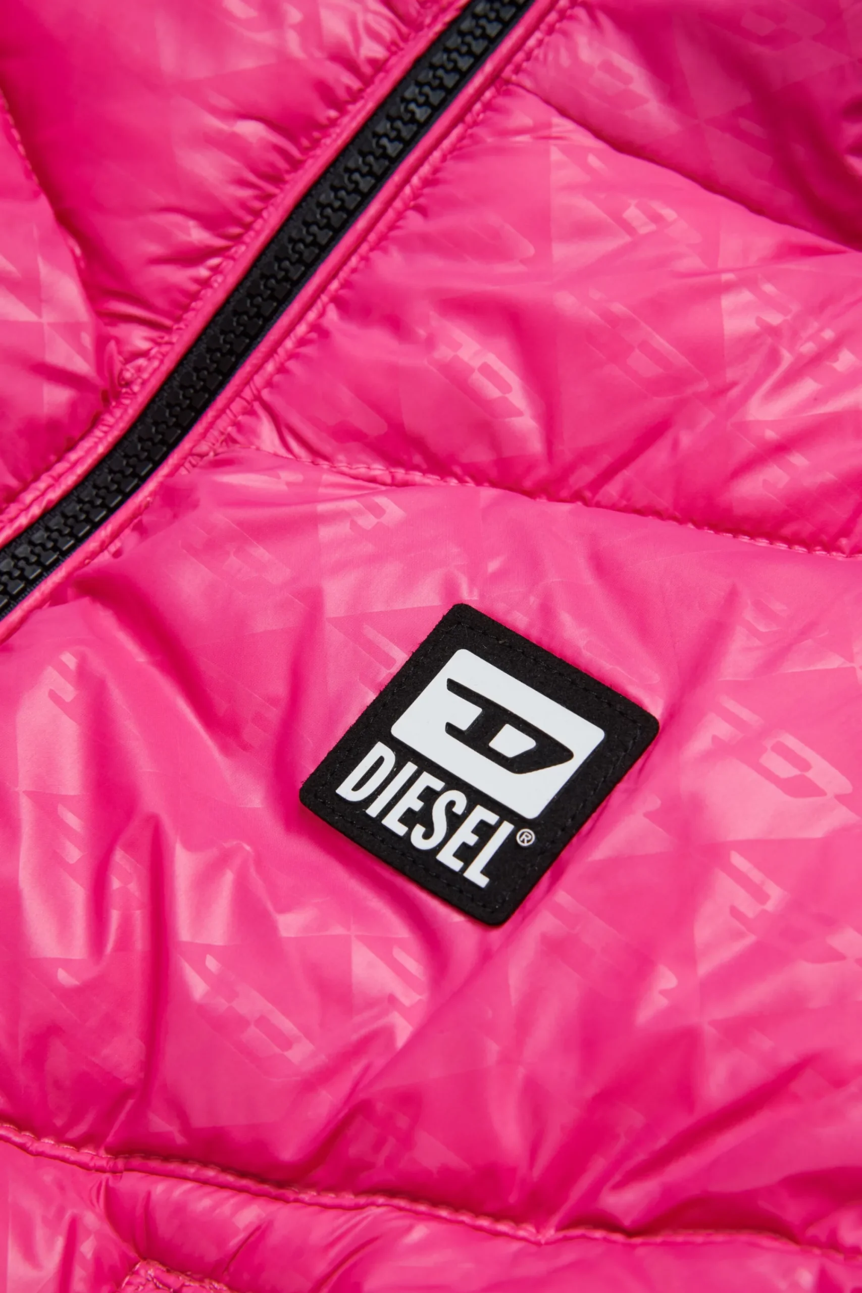 Jackets And Padded Jackets>DIESEL Bomber down jacket with allover print and patches bright fuxya