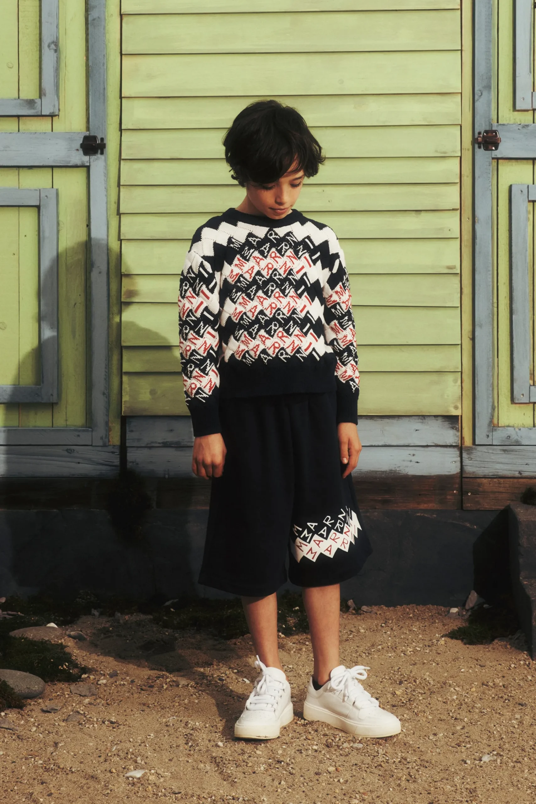 Knitwear | Knitwear>MARNI Cable-knit pullover with Promenade pattern blue navy
