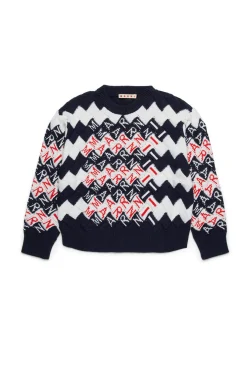 Knitwear | Knitwear>MARNI Cable-knit pullover with Promenade pattern blue navy