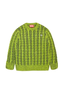Knitwear | Knitwear>DIESEL Chenille-blend pullover with braids and ribbing slime green