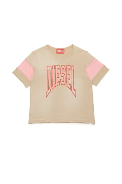 T-Shirts | Logomania>DIESEL Colorblock T-shirt with graphics beige