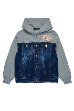 Jackets And Padded Jackets | Denim-Mania>DSQUARED2 Denim and cotton sweatshirt with patch dark grey melange