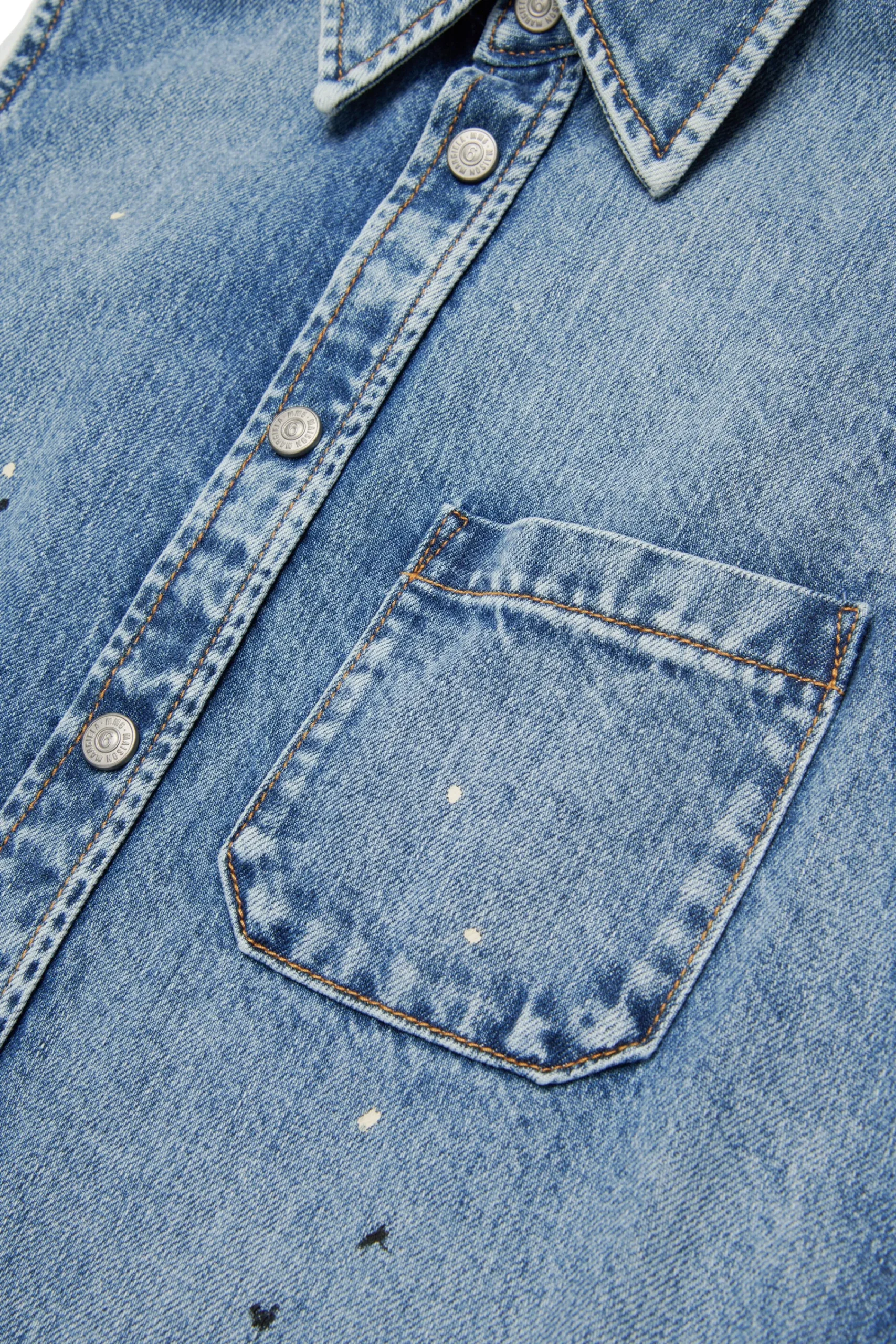 Dresses | Denim-Mania>MM6 MAISON MARGIELA Denim maxi shirt dress with color spots blue denim