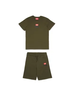 Jumpsuits | Tracksuits>DIESEL Jersey t-shirt and bermuda shorts set with logo D dusty olive