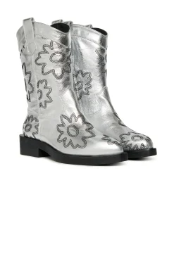 Boots And Combat Boots | Boots And Combat Boots>MARNI Leather cowboy boots with flowers silver