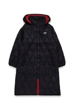 Jackets And Padded Jackets>DIESEL Long lightweight quilted diamond-pattern padded jacket black