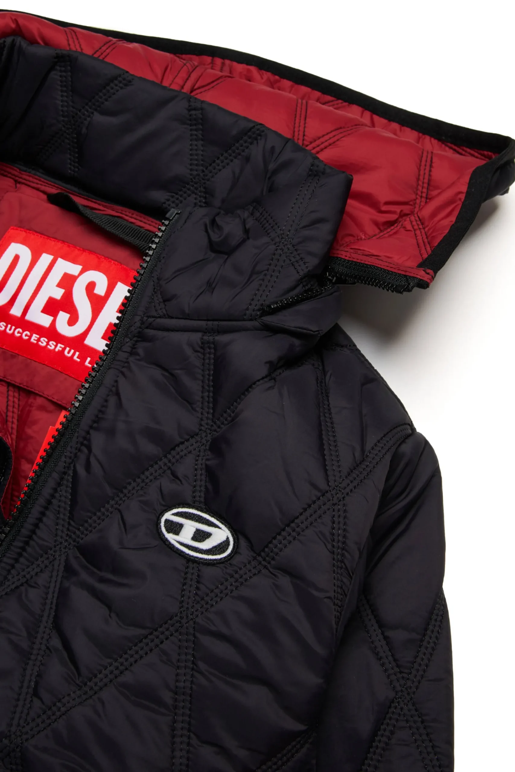 Jackets And Padded Jackets>DIESEL Long lightweight quilted diamond-pattern padded jacket black