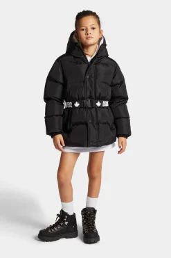 Jackets And Padded Jackets>DSQUARED2 Long padded jacket with branded belt black