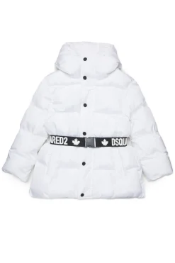 Jackets And Padded Jackets>DSQUARED2 Long padded jacket with branded belt white