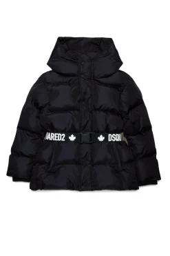 Jackets And Padded Jackets>DSQUARED2 Long padded jacket with branded belt black