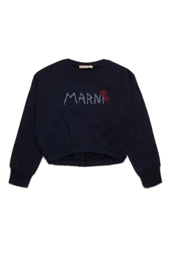 Sweatshirts>MARNI Flower branded crew-neck cropped sweatshirt blue navy