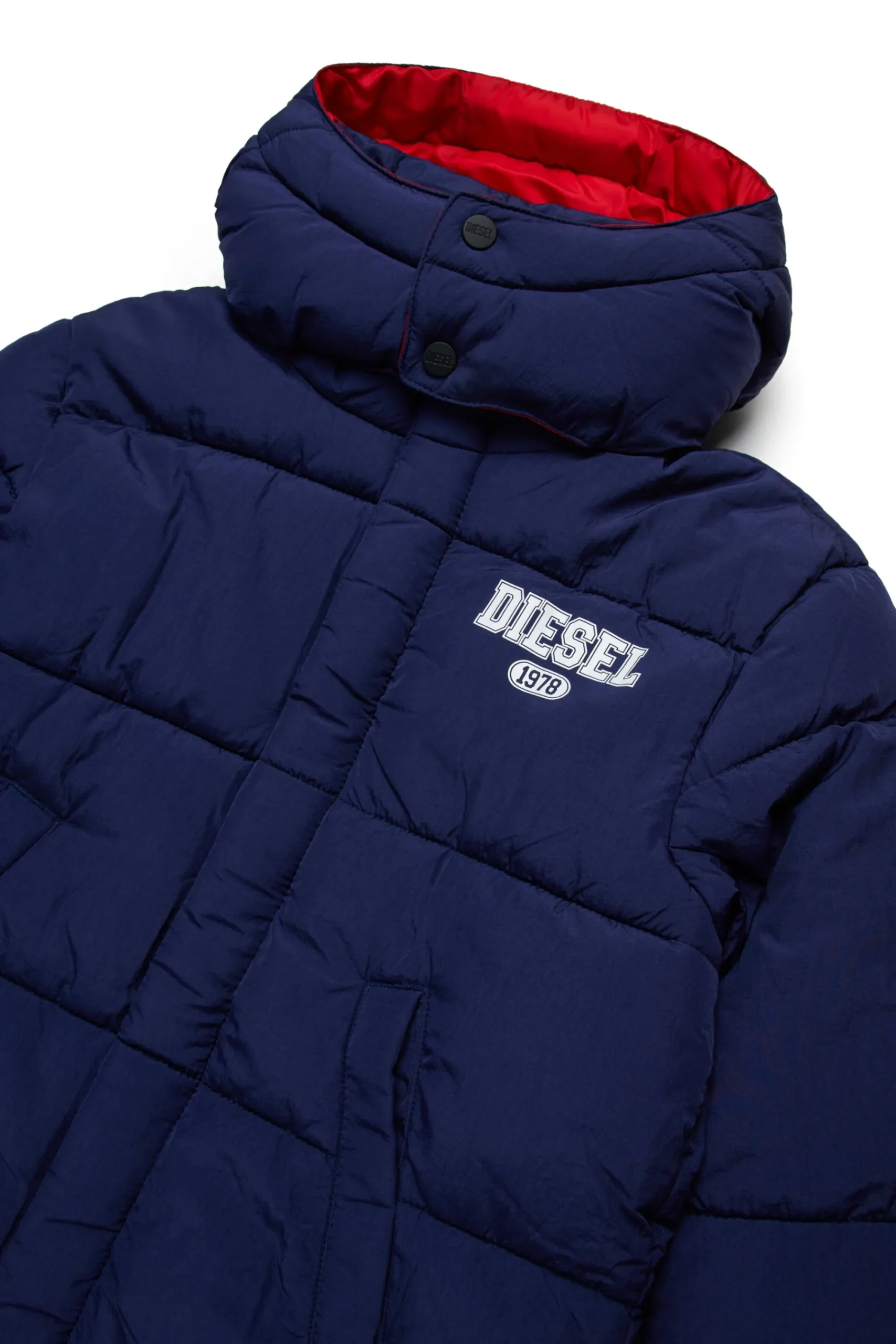 Jackets And Padded Jackets | Jackets And Padded Jackets>DIESEL Padded jacket with 1978 print and logo on the hood blue peacoat