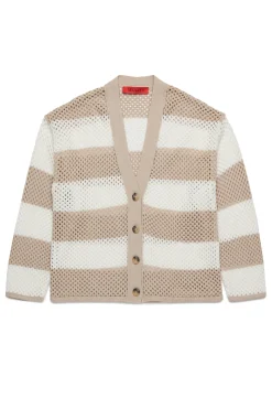Knitwear>MAX&Co. Perforated striped knit cardigan sand