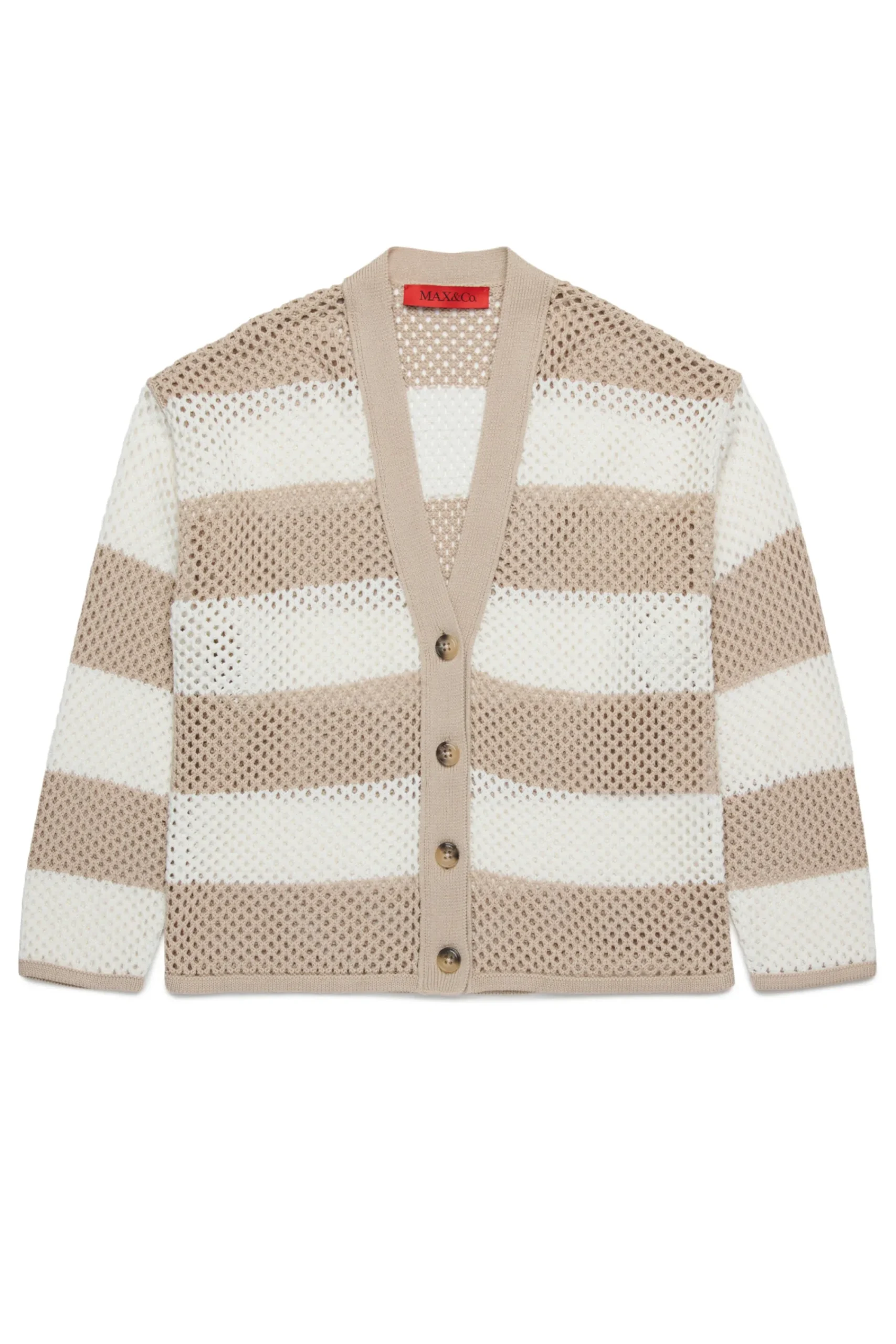 Knitwear>MAX&Co. Perforated striped knit cardigan sand