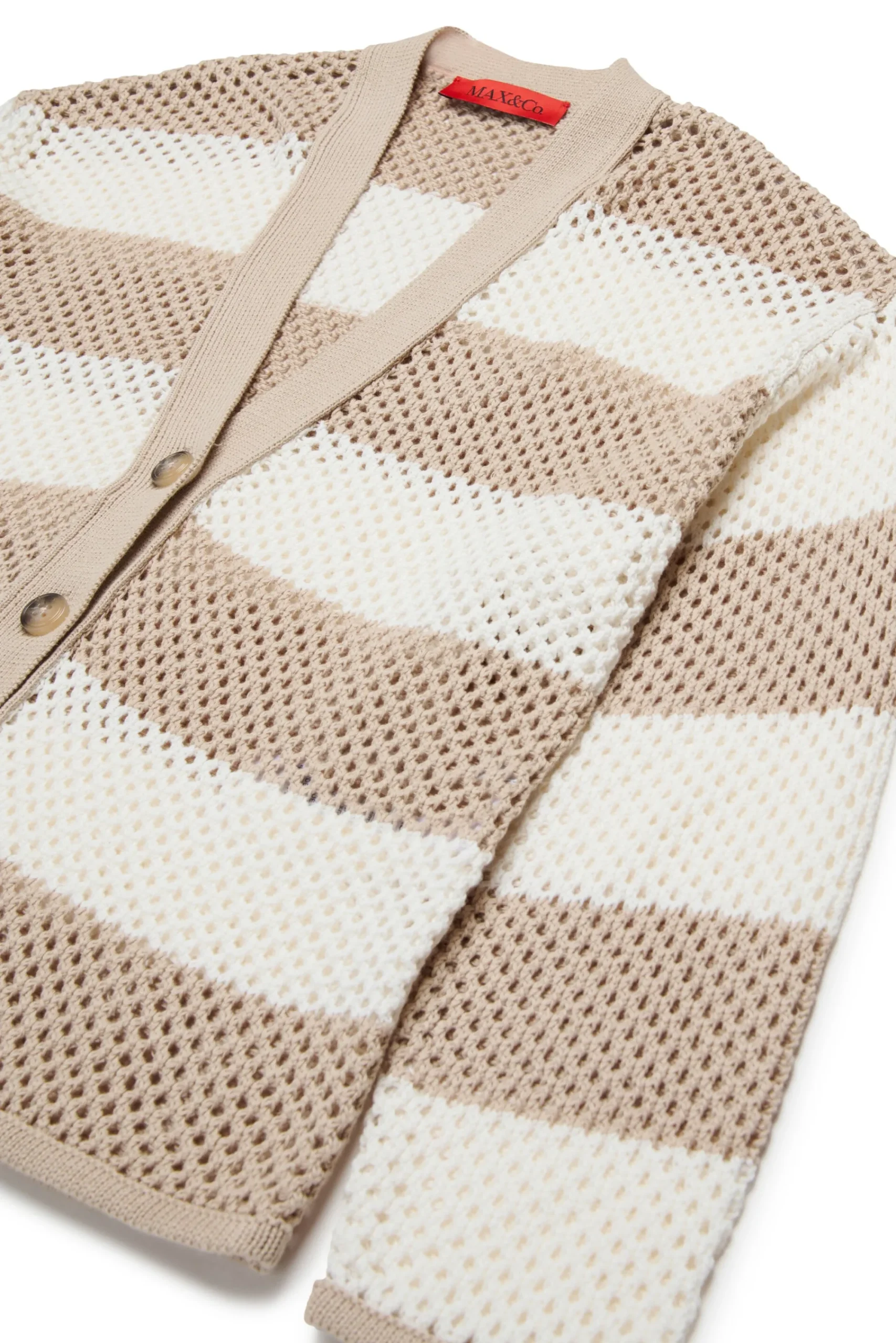 Knitwear>MAX&Co. Perforated striped knit cardigan sand