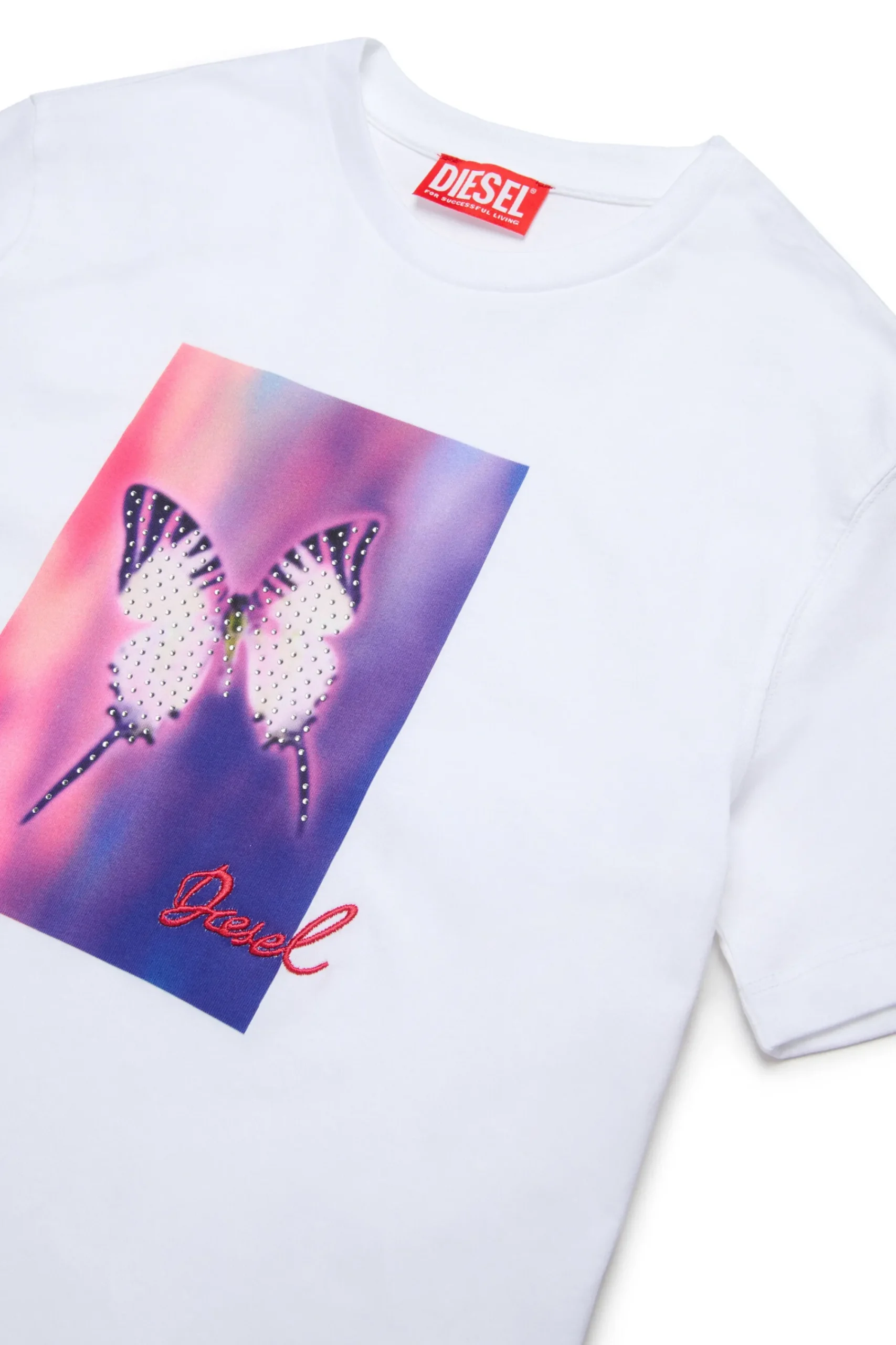T-Shirts>DIESEL T-shirt with butterfly graphics and rhinestones white