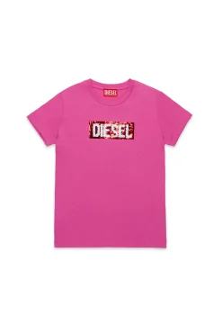 T-Shirts>DIESEL T-shirt with sequin logo bright fuxya
